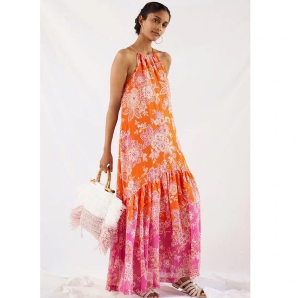 New Anthropologie Maeve Flounced Halter Maxi Dress Pink Orange S $188